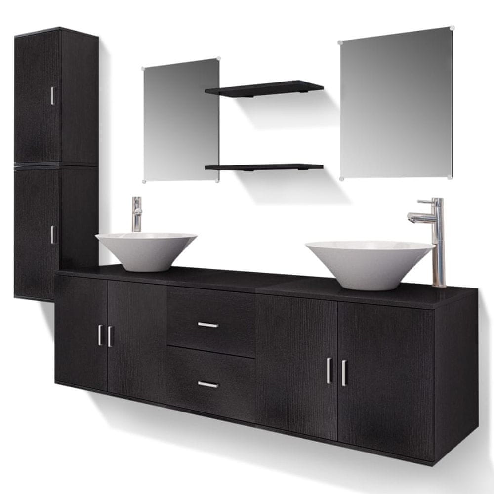 Vidaxl 11-dielna čierna sada kúpeľového nábytku s umývadlom a batériou